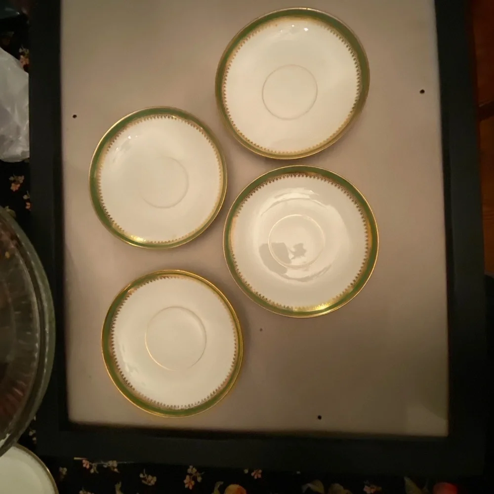 D & C Limoges Elegant Gold and Green Rimmed Porcelain Saucer Set